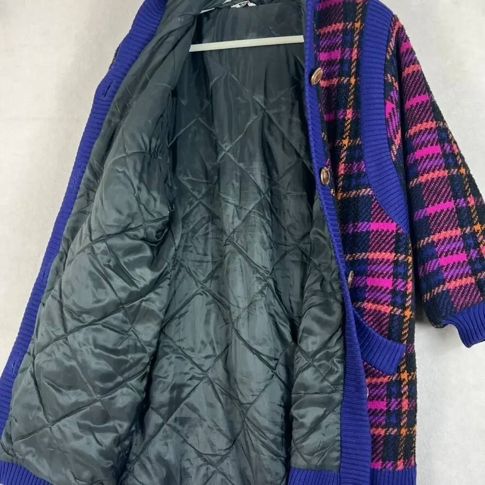 Yves Saint Laurent Coat Jacket Rive Gauche Tartan Lambswool Purple Wood Button